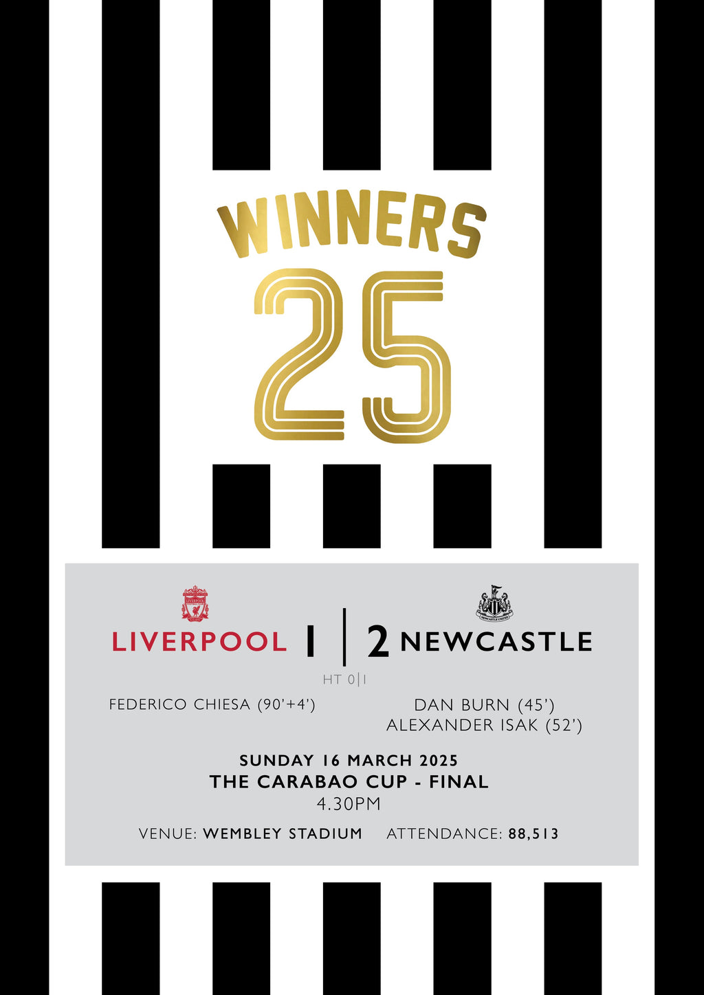 Newcastle Carabao Cup Final 2025 winners print set with “Winners 25” design, football wall art celebrating 2–1 victory over Liverpool.