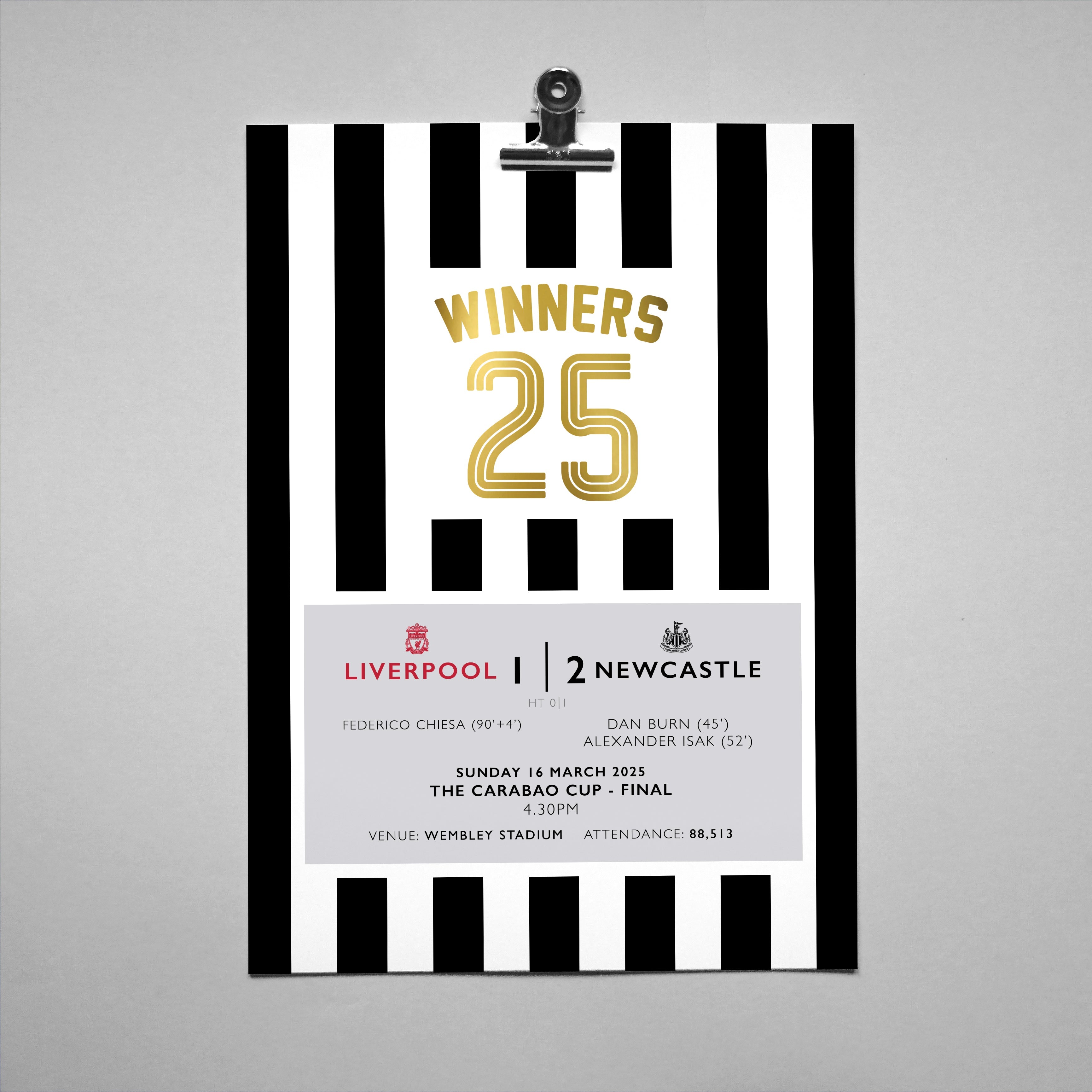Newcastle Carabao Cup Final 2025 winners print set with “Winners 25” design, football wall art celebrating 2–1 victory over Liverpool.