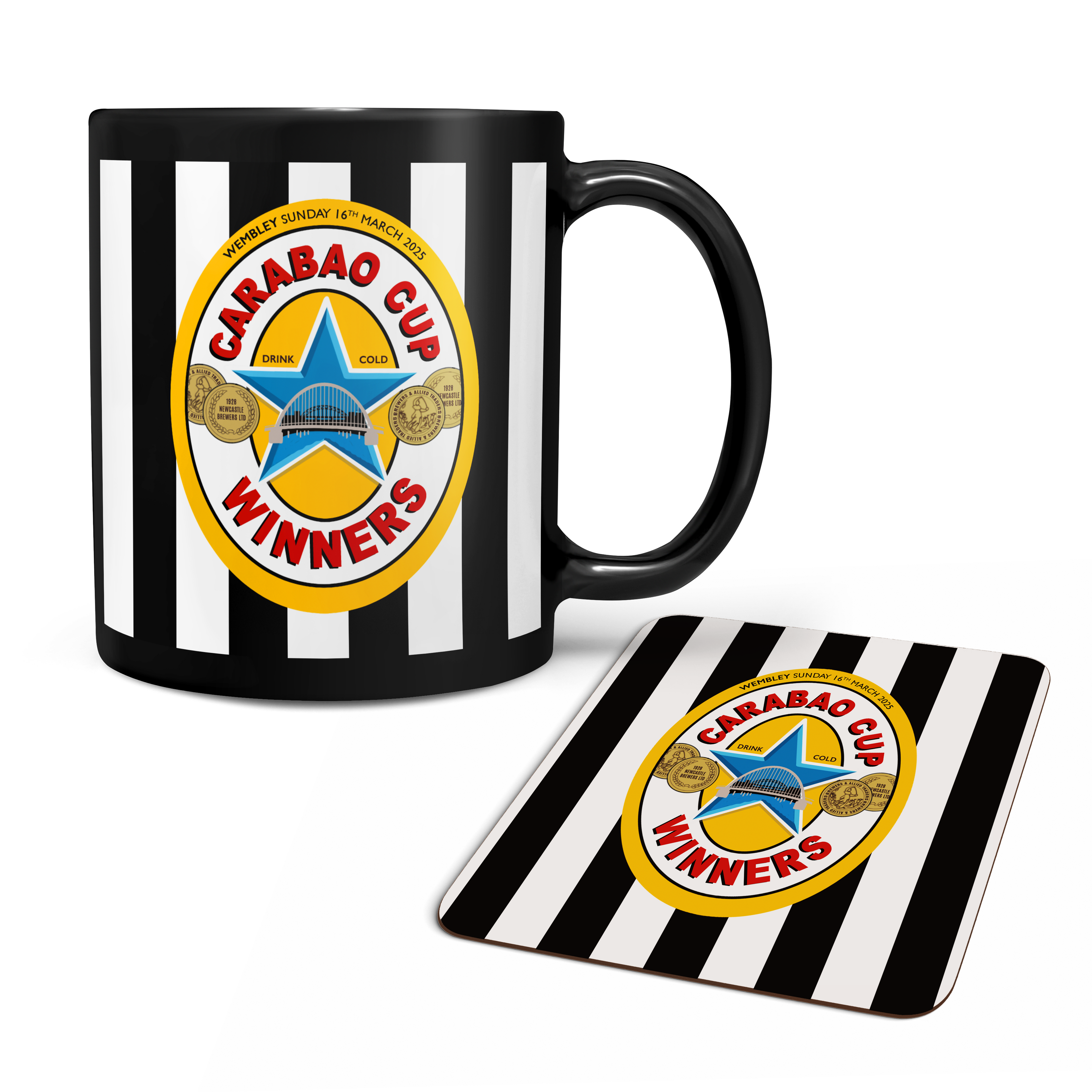 Newcastle Geordie Mug & Coaster Set: Tell Me Ma Lyrics, Toon Army Fan Gift for Wembley, Carabao Cup Winners