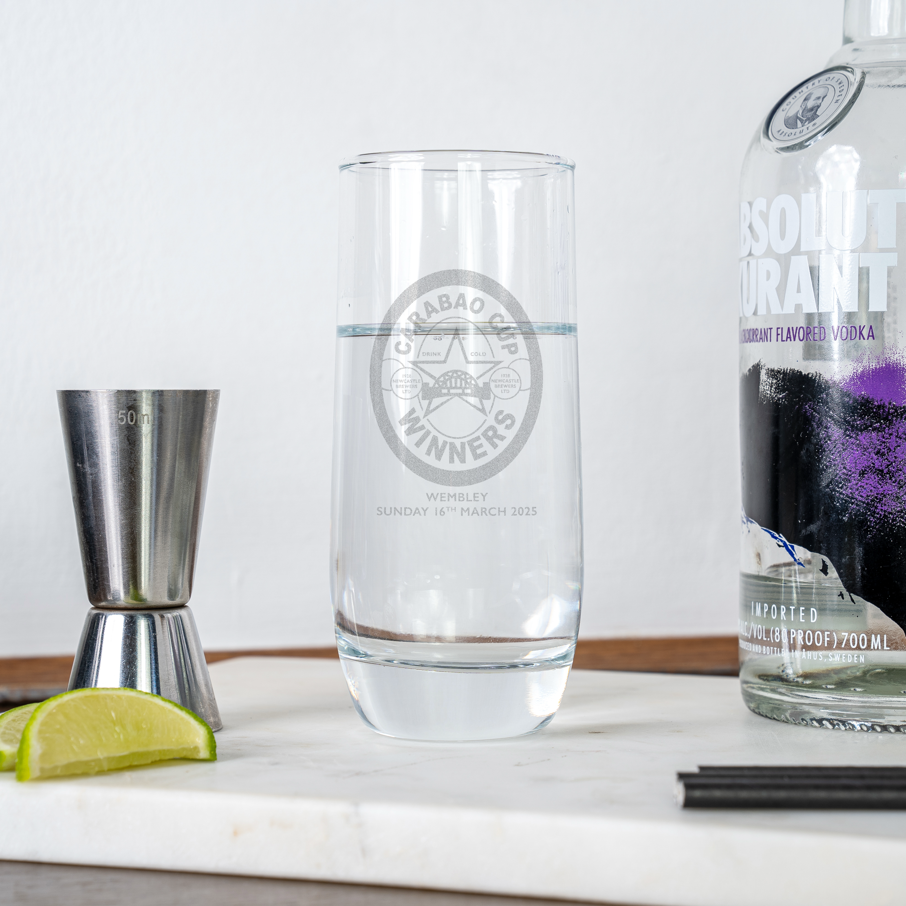 Newcastle United Carabao Cup Winners engraved highball glass, NUFC 2025 Wembley design